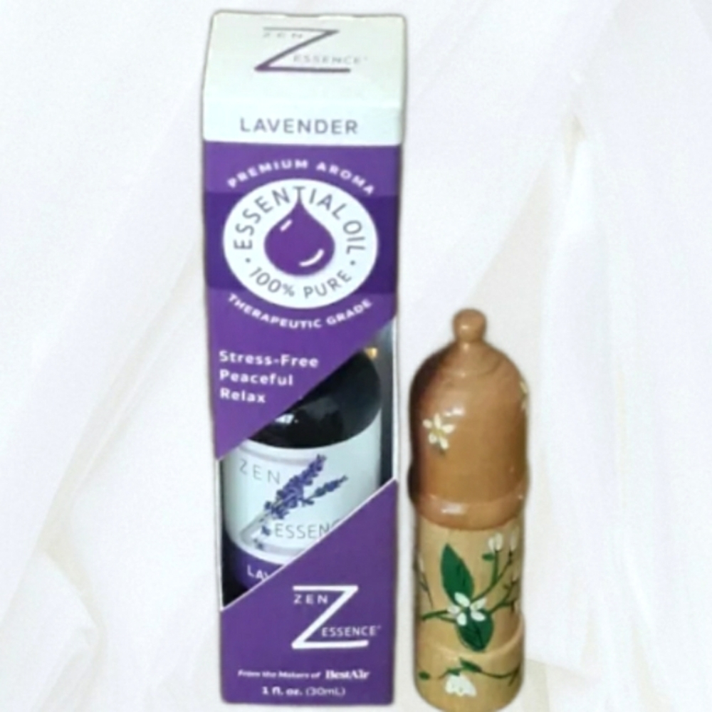 Vintage Hand Painted Gardenia Flower Wooden Perfume Flask with Lavender Oil